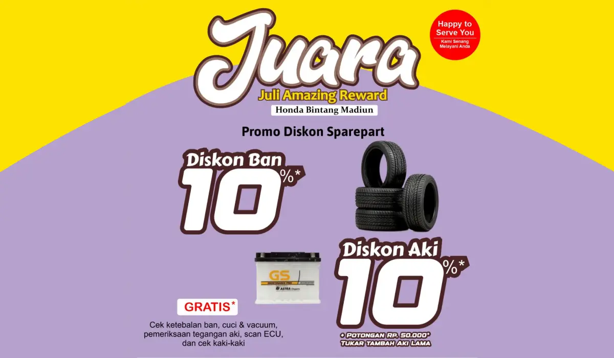 JUARA: Juli Amayzing Reward di Honda Bintang Madiun! Promo Ban dan Aki, Banyak Gratisannya!
