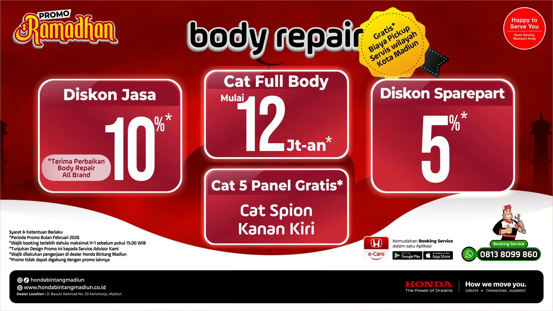 Promo Body Repair Honda Bintang Madiun: Cat Full Body Mulai 12 Jutaan dan Gratis Poles Spion