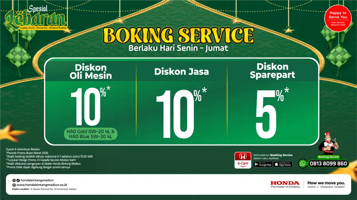 Maret – Booking Service Promo Service Lebaran Honda Bintang Madiun: Diskon Oli 15% dan Paket Hemat Mudik Maret 2026