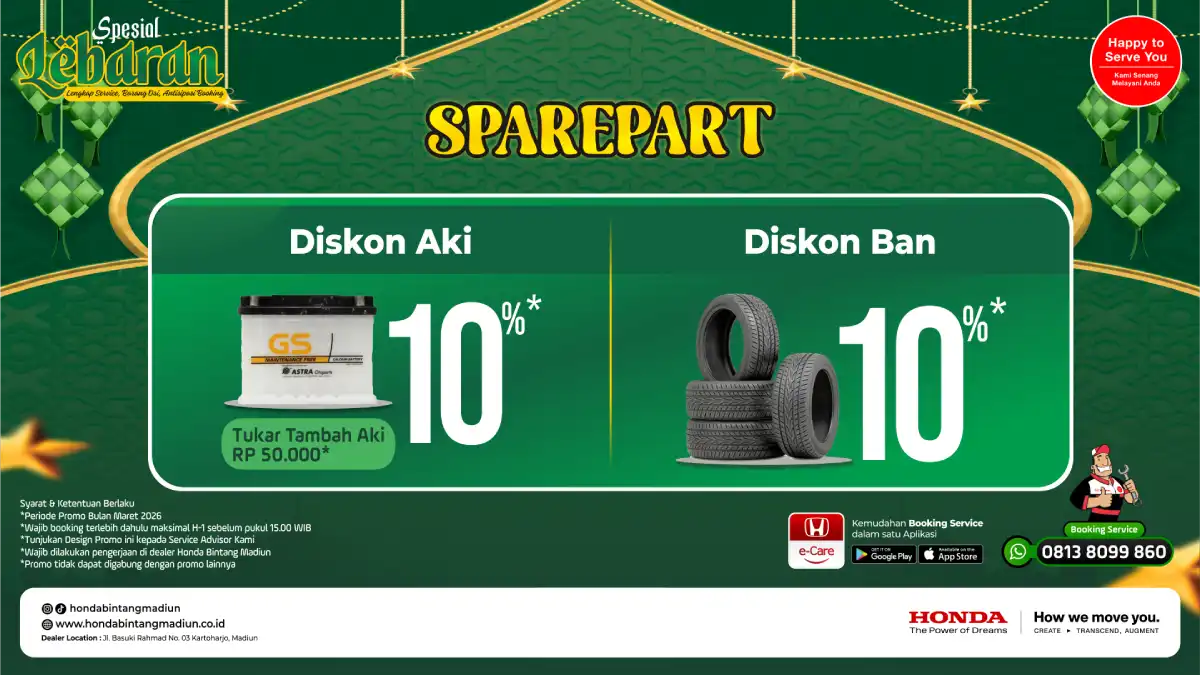 Maret – Sparepart Promo Sparepart Lebaran Honda Bintang Madiun: Diskon Ban dan Aki 10% untuk Mudik Aman