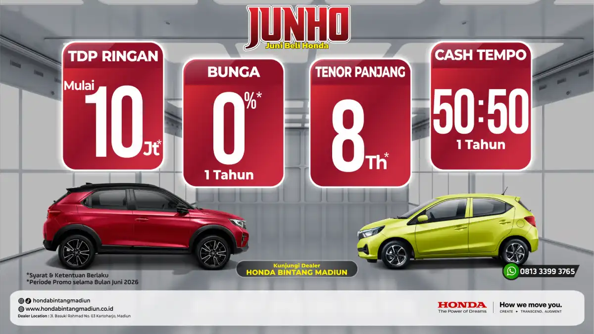 Cari tahu cara paling cerdas bawa pulang mobil impian lewat program JUNHO Honda Bintang Madiun. Nikmati DP mulai 10 juta dan bunga 0% sekarang!