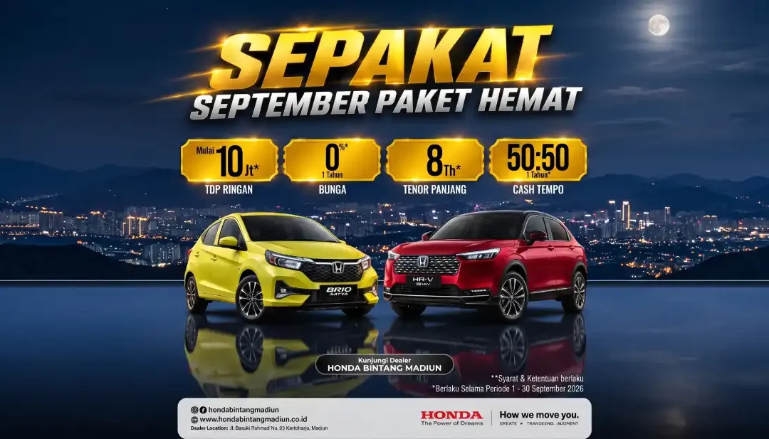 Promo SEPAKAT Honda Bintang Madiun September 2026: DP Ringan Mulai 10 Juta, Bunga 0%, Tenor Panjang 8 Tahun, dan Skema Cash Tempo 50:50
