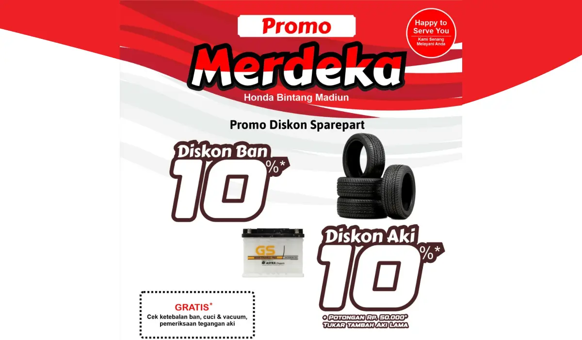 HBM MERDEKA Ban dan Aki Merdeka dari Masalah Ban dan Aki! Promo Spesial dari Honda Bintang Madiun Selama Agustus 2025